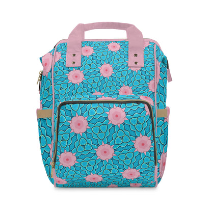 Aqua & Pink Lotus Scale Diaper Backpack – Turquoise Floral Pattern | Large Capacity Nappy Bag | Multiple Pockets | Baby Shower & New Mum Gift