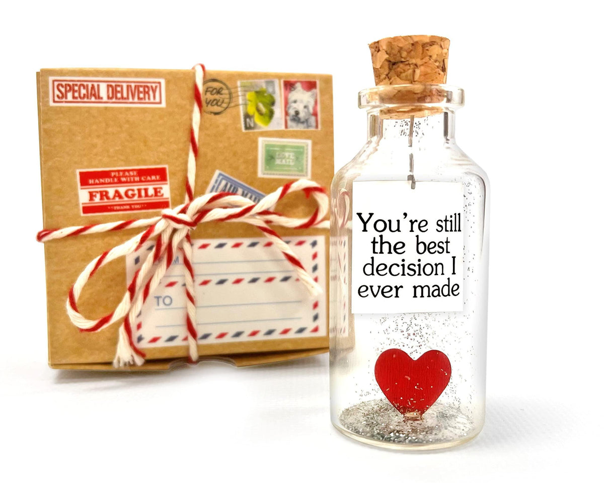 Mini message bottle gift with cork, quote label and red heart inside glass