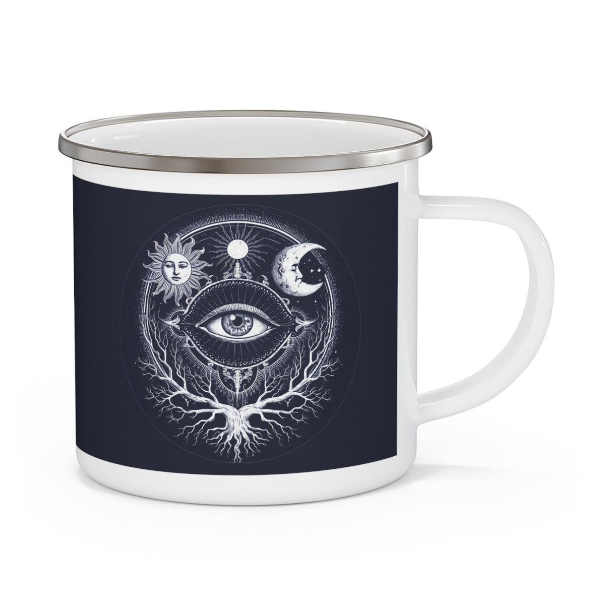 White-handle enamel camping mug with dark navy body and sacred eye moon design