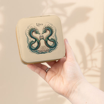 Libra Zodiac Jewelry Travel Case - Dual Sea Dragon and Pearl Design, Compact Zip Jewelry Organizer in Ivory, Pink, Soft Gold, or Tiffany Blue