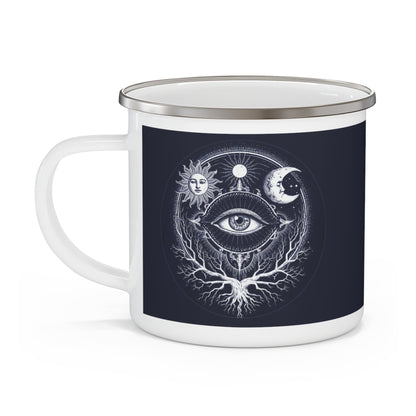 Dark navy enamel camping mug with white handle and full sacred eye artwork