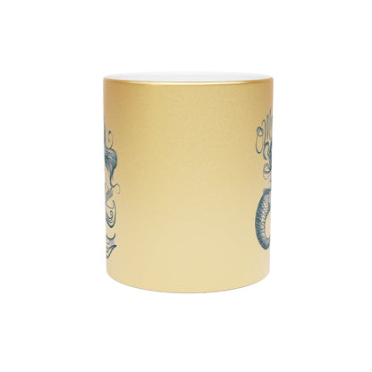 Mermaid Mama Metallic Mug – Fine Line Mermaid Mama & Baby Illustration | 11oz | Gold or Silver Metallic Finish | Mother’s Day Gift for Mermaid Mom