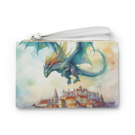 Dragon Watching Over Us Clutch Bag - Watercolor Dragon Over Fairy-Tale Town Wristlet in Saffiano PU Leather, Dragon Protection Gift for Her