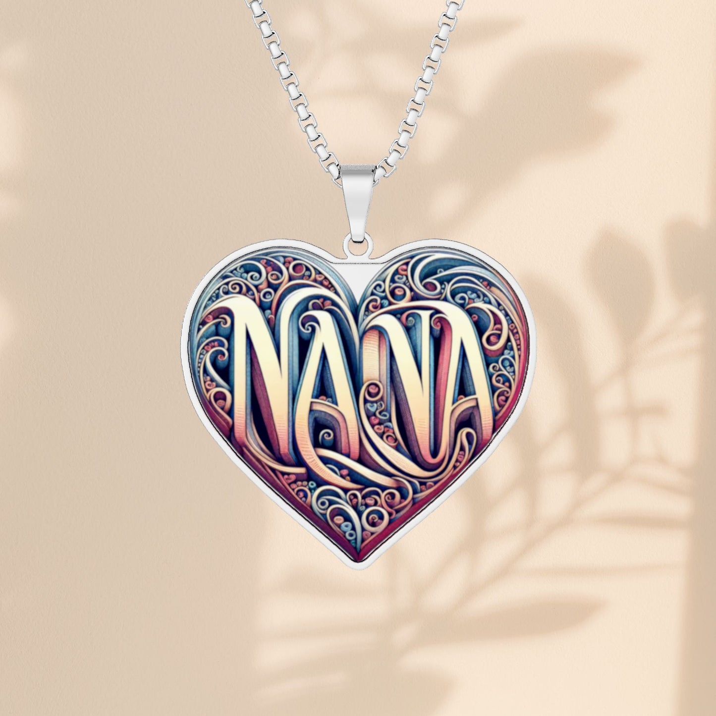 NANA Heart Necklace - Ornate Floral Heart Pendant Gift for Grandma in Stainless Steel, Gold Plated, or Sterling Silver