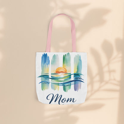 Mom Ocean Sunset Canvas Tote Bag – Watercolour Triptych Design | Polyester Canvas | 3 Sizes × 5 Strap Colours | Gift for Mom