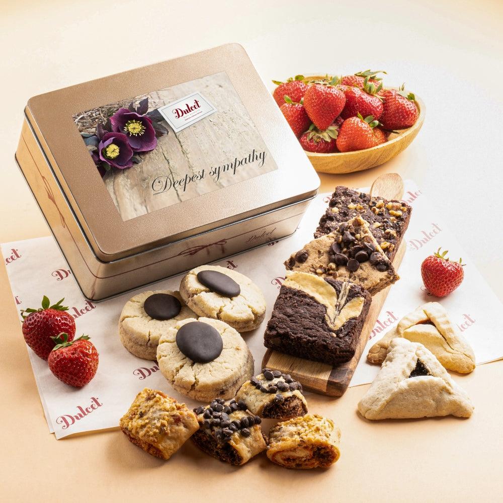 Gourmet Cookie and Brownie Tin: decorated tin with cookies and strawberries