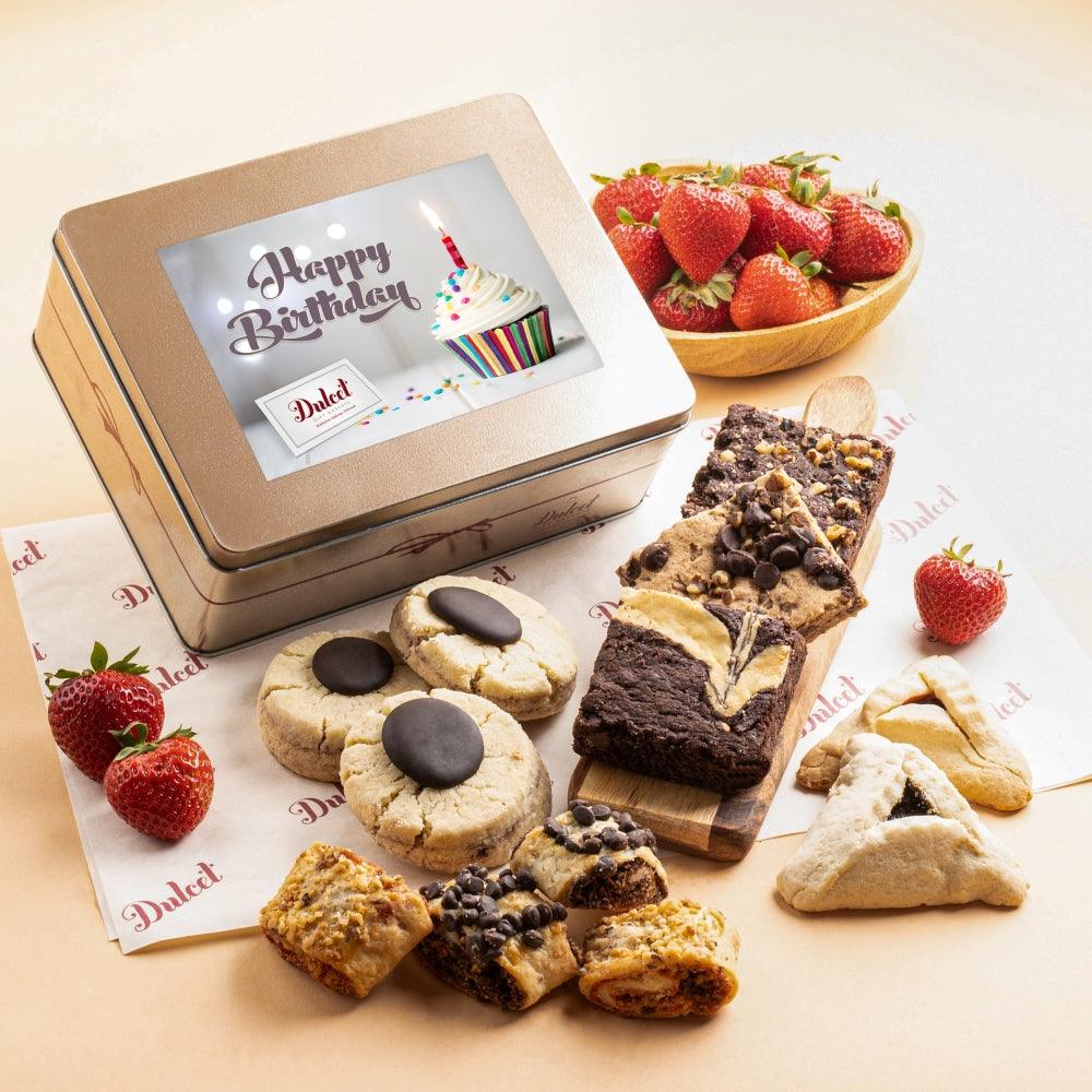Gourmet Cookie and Brownie Tin with Happy Birthday card and assorted cookies