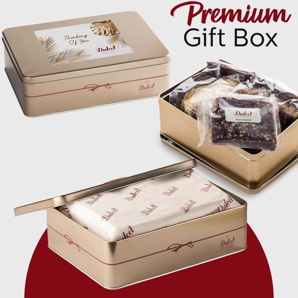 Premium gift box with tin and assorted wrapped cookies and brownies