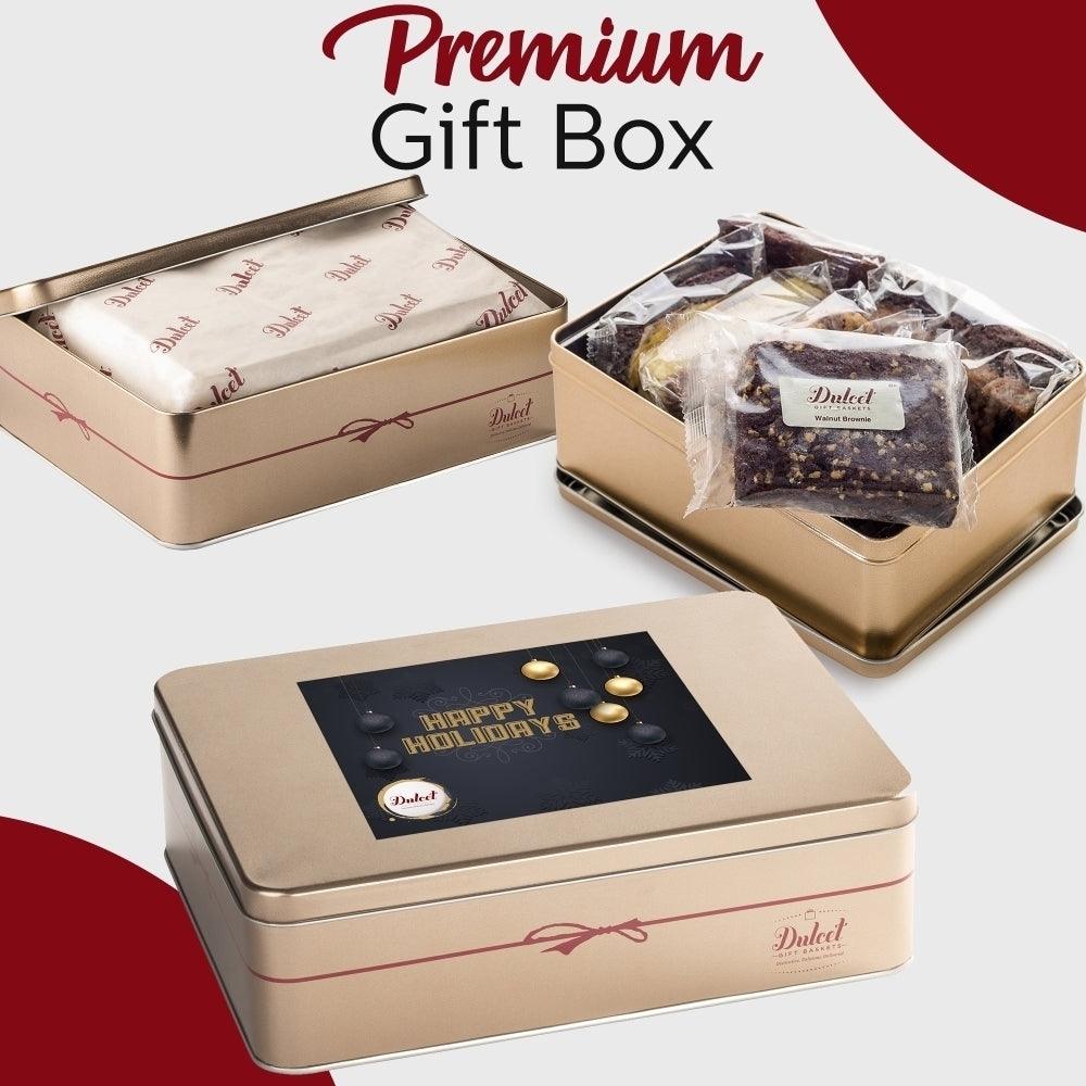 Premium gift box with two tins and individually wrapped brownie package