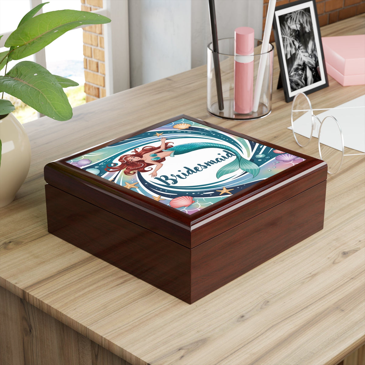 Mermaid Bridesmaid Jewelry Box – Illustrated Mermaid ‘Bridesmaid’ Keepsake Box | Rubberwood | Ebony Black, Golden Oak or Red Mahogany | Beach Wedding Bridal Party Gift