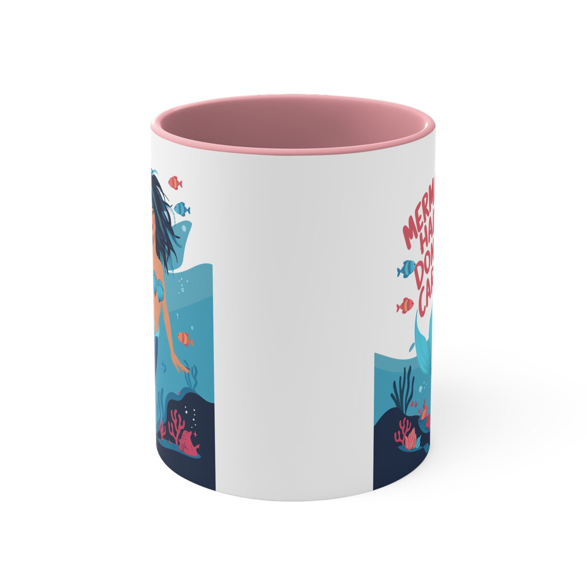 Mermaid Hair Don't Care Accent Mug – Wild Teal Mermaid Underwater Scene | 11oz White Ceramic Blue Green Pink or Red | Ocean Attitude Coffee Gift