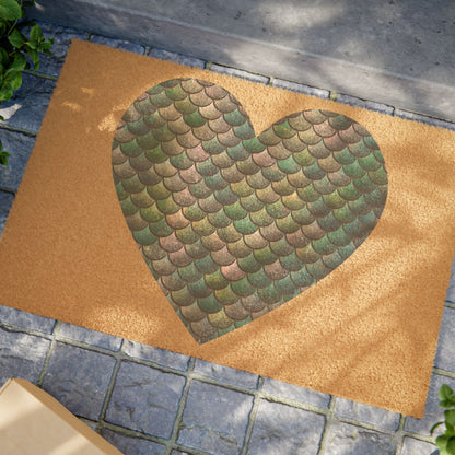 Mermaid Heart Doormat – Iridescent Teal Gold Scale Heart on Natural Coir | 24” × 16” | Non-Slip Vinyl Back | Coastal Ocean Entryway Home Decor Gift