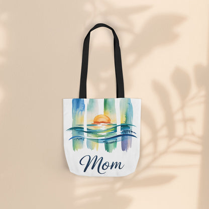 Mom Ocean Sunset Canvas Tote Bag – Watercolour Triptych Design | Polyester Canvas | 3 Sizes × 5 Strap Colours | Gift for Mom