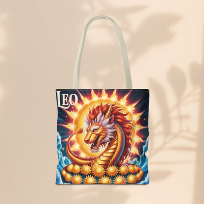 Leo Zodiac Tote Bag – Golden Dragon Sun Celestial Art | 3 Sizes | 5 Handle Colours | Leo Birthday Gift & Astrology Bag