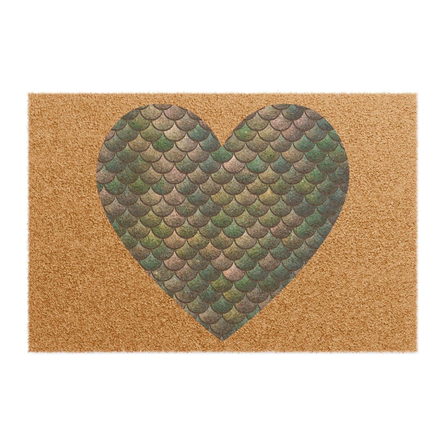 Mermaid Heart Doormat – Iridescent Teal Gold Scale Heart on Natural Coir | 24” × 16” | Non-Slip Vinyl Back | Coastal Ocean Entryway Home Decor Gift