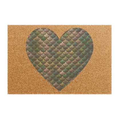 Mermaid Heart Doormat – Iridescent Teal Gold Scale Heart on Natural Coir | 24” × 16” | Non-Slip Vinyl Back | Coastal Ocean Entryway Home Decor Gift