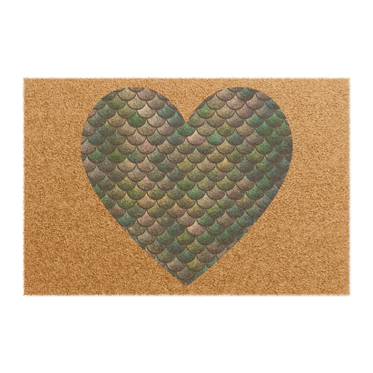 Mermaid Heart Doormat – Iridescent Teal Gold Scale Heart on Natural Coir | 24” × 16” | Non-Slip Vinyl Back | Coastal Ocean Entryway Home Decor Gift