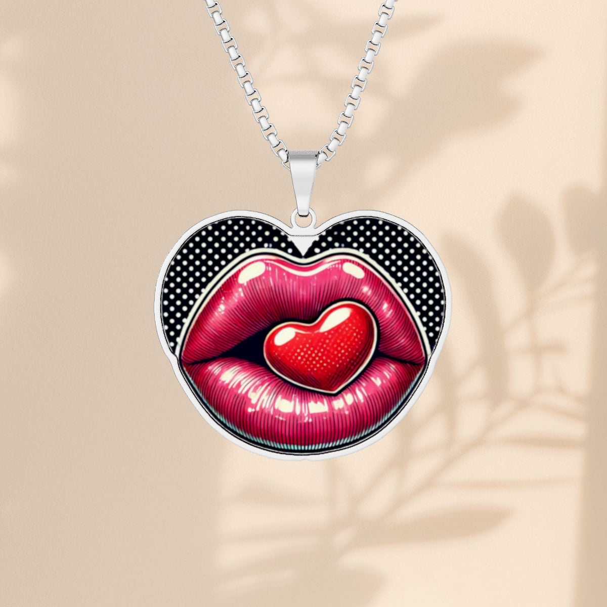 Heart Lips Pendant Necklace - Engraved Heart and Lips Charm in Stainless Steel, Gold Plated, or Sterling Silver, Love Jewelry Gift