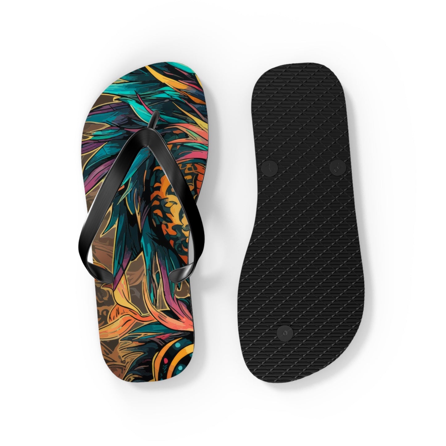 Multicolor dragon flip-flops shown with black textured outsole