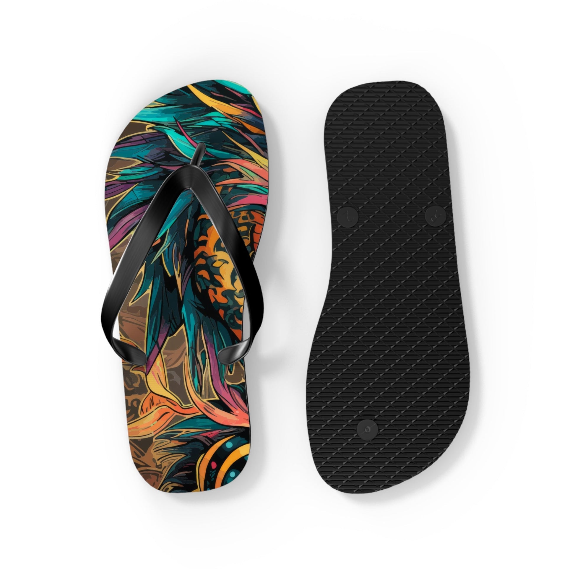 Multicolor dragon flip-flops shown with black textured outsole