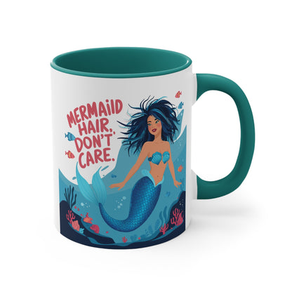 Mermaid Hair Don't Care Accent Mug – Wild Teal Mermaid Underwater Scene | 11oz White Ceramic Blue Green Pink or Red | Ocean Attitude Coffee Gift