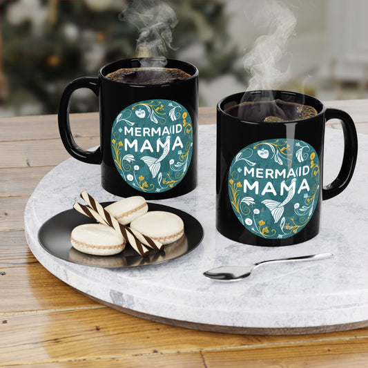Mermaid Mama Black Coffee Mug – Teal Botanical Badge Design | 11oz | Bold Mermaid Mom Gift