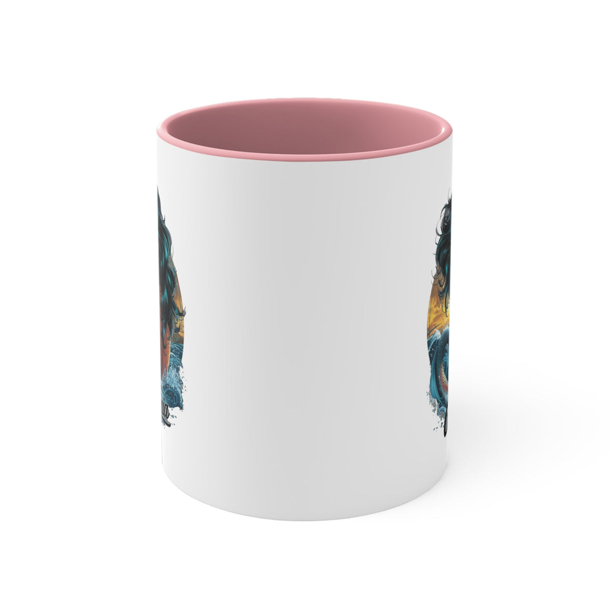 White ceramic mug with pink interior and side mermaid artwork