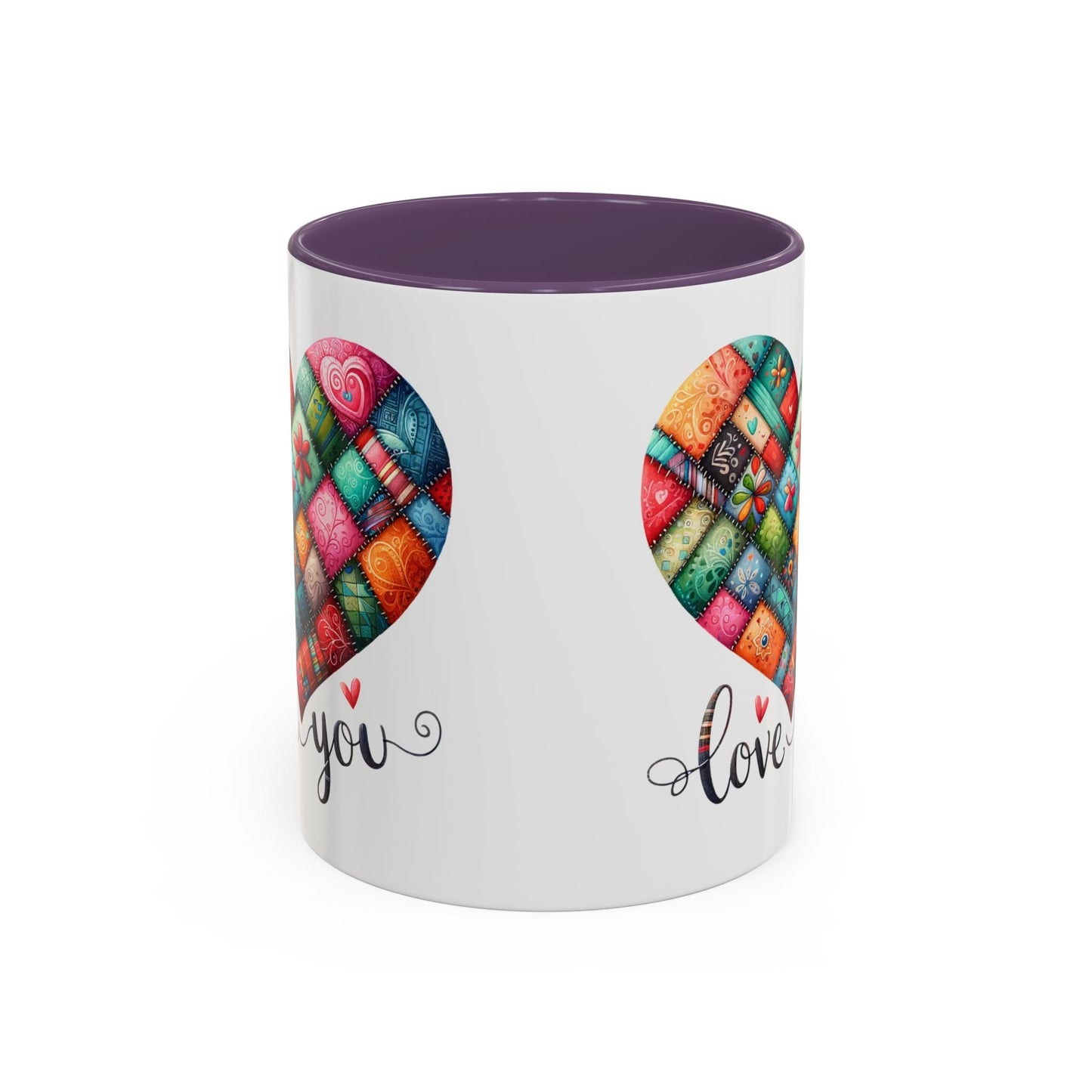 White coffee mug with colorful quilt heart print, you and love text, purple rim.