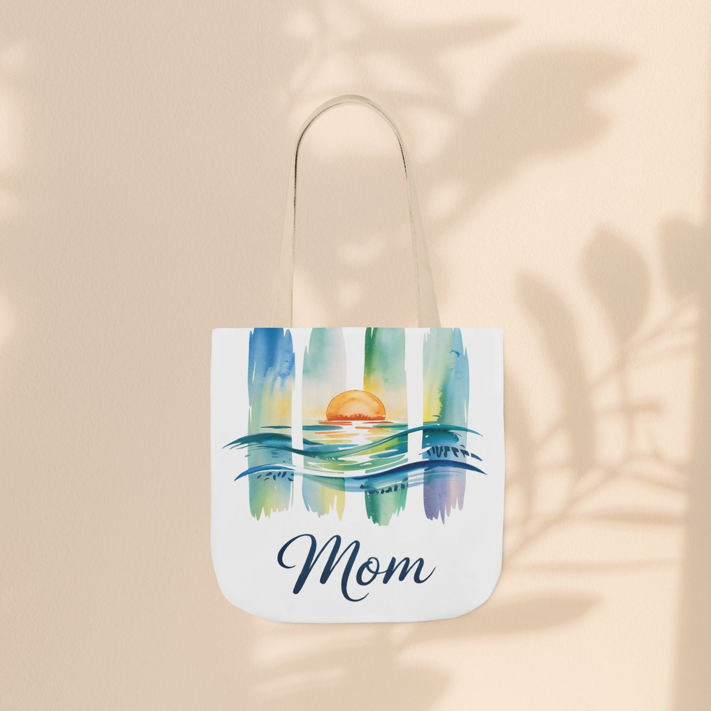 Mom Ocean Sunset Canvas Tote Bag – Watercolour Triptych Design | Polyester Canvas | 3 Sizes × 5 Strap Colours | Gift for Mom