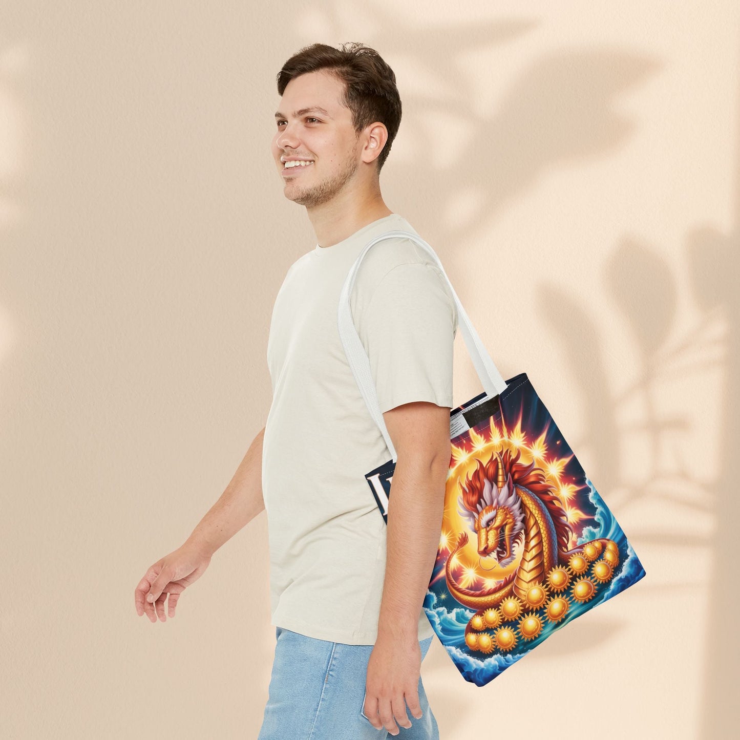 Leo Zodiac Tote Bag – Golden Dragon Sun Celestial Art | 3 Sizes | 5 Handle Colours | Leo Birthday Gift & Astrology Bag