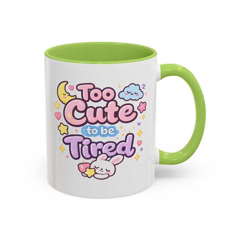 Kawaii bunny mug, white ceramic with light green rim and handle; colorful bunny face and text