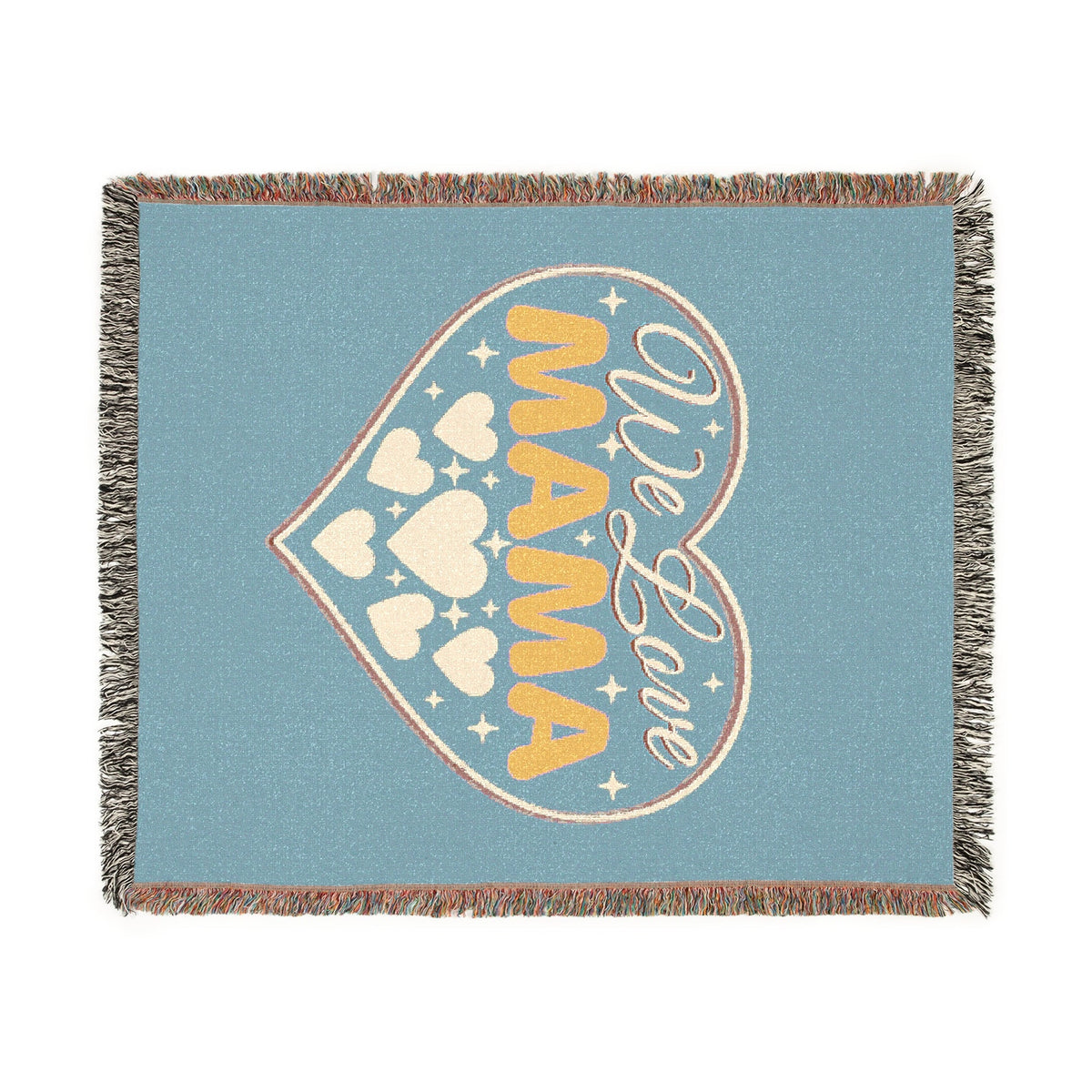 We Love Mama Woven Cotton Blanket – Retro Boho Heart Design | 100% Cotton with Fringed Edges | 3 Sizes | Mother’s Day Gift for Mama