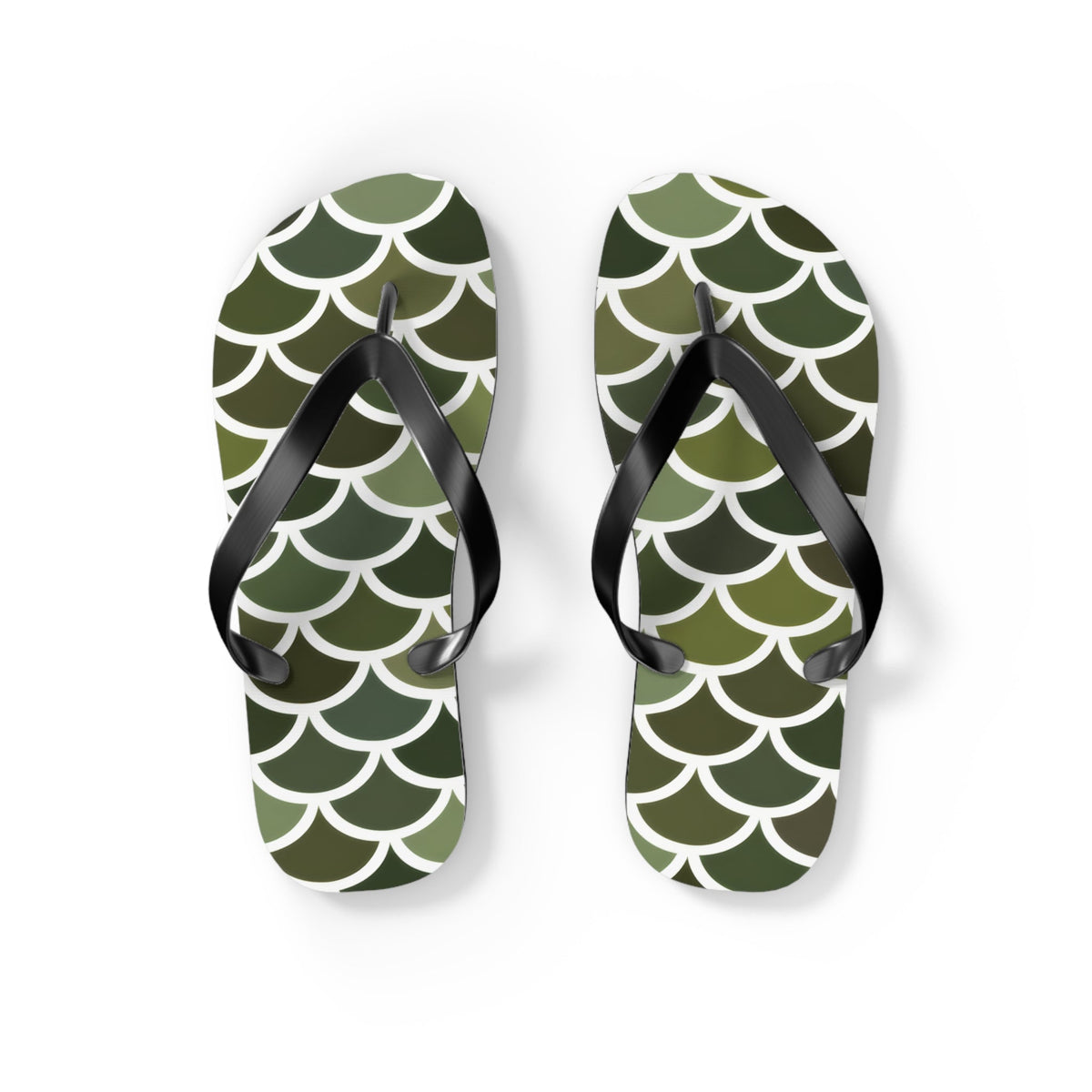 Pair of green flip-flops with white merman scale pattern and black thong straps