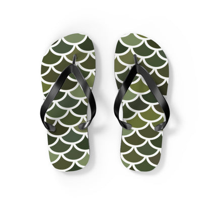 Pair of green flip-flops with white merman scale pattern and black thong straps