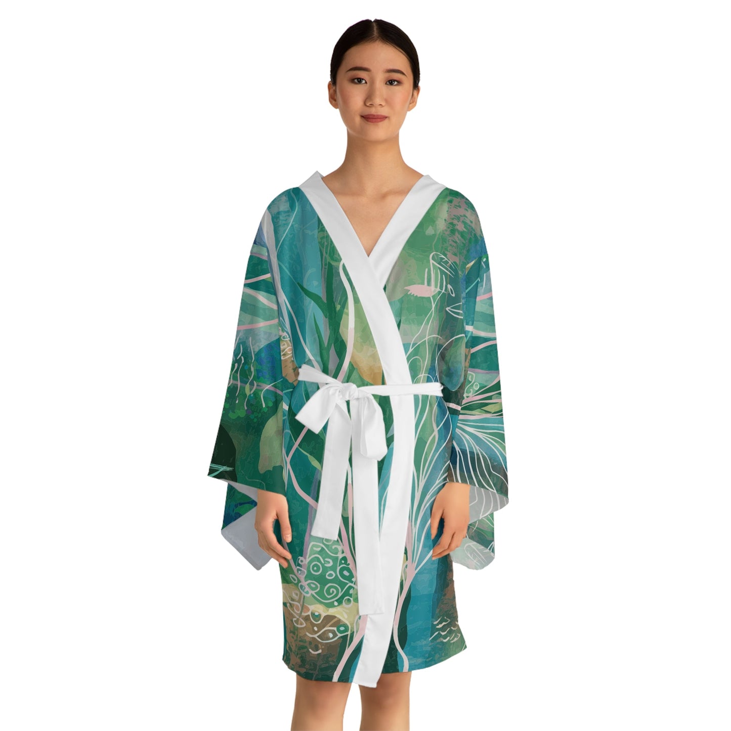Ocean Seaweed Kimono Robe - Long Sleeve Coastal Wrap with Flowing Fit for Beach Cover-Ups, Lounging, and Resort Wear XS to 2XL