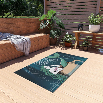 Part-Time Mermaid Outdoor Rug – Whimsical Mermaid in a Coffee Cup Chalk Art | Non-Slip UV-Resistant | 4 Sizes | Beach House Patio Coastal Decor
