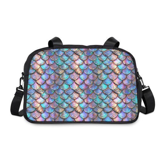 Black fitness handbag with iridescent mermaid scale print, zip top and shoulder strap