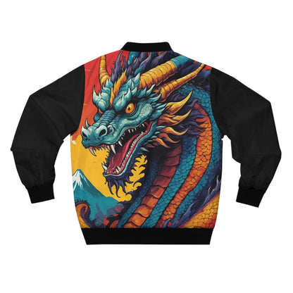 Japanese Dragon Bomber Jacket - Teal Dragon Mount Fuji Anime Streetwear, Fantasy Fashion for Men and Women XS to 5XL