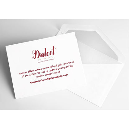 Personalized Dulcet gift card and envelopes, white cards with red logo and text