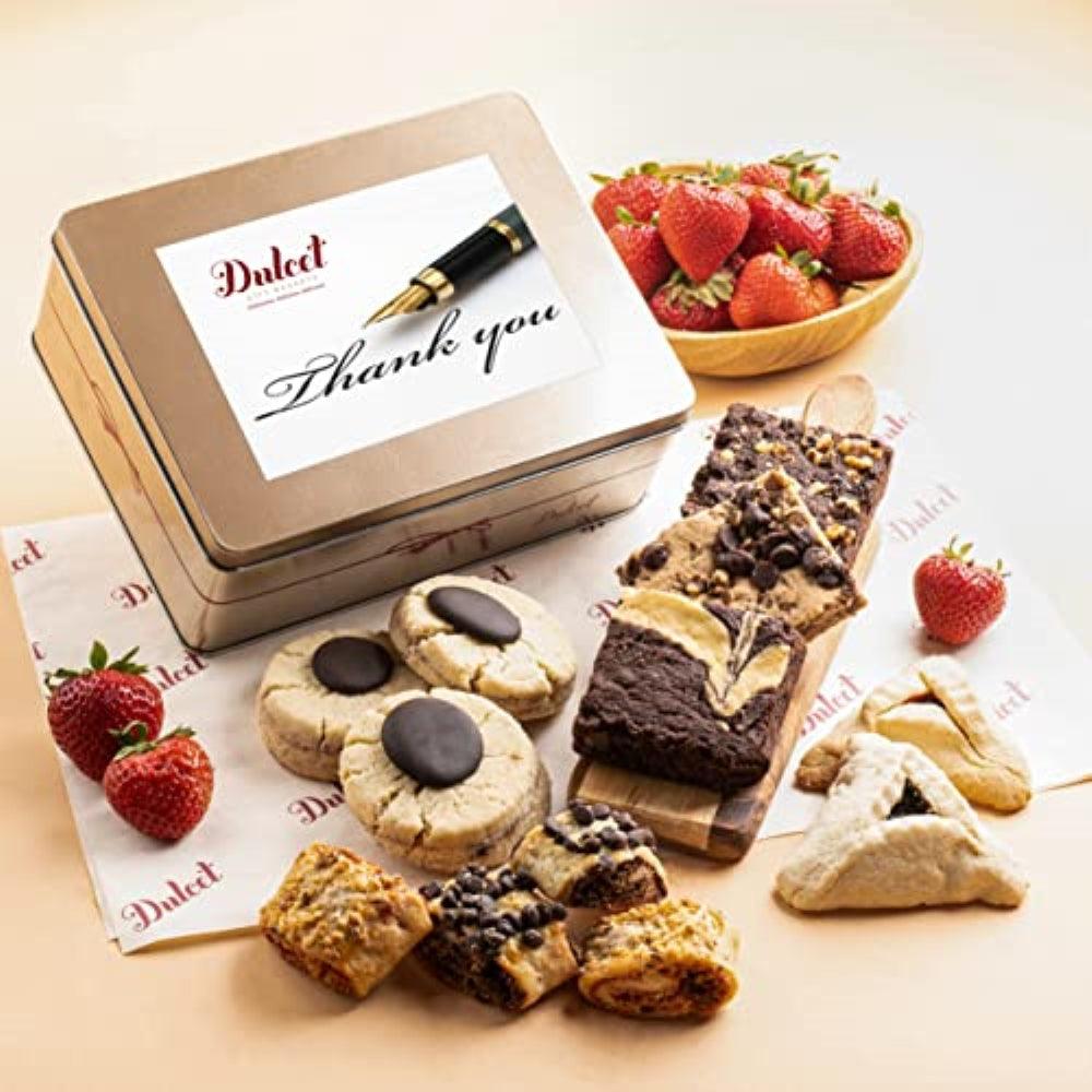 Gourmet Cookie and Brownie Tin with “Thank You” card; chocolate chip and sugar cookies