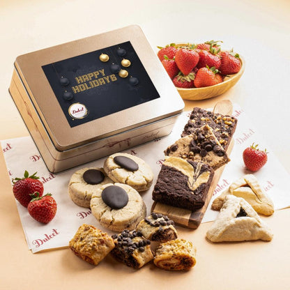 Gourmet Cookie and Brownie Tin with “Happy Holidays” label; chocolate chip cookies and brownies