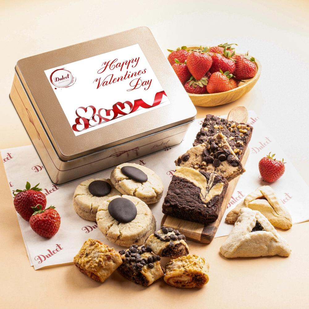 Gourmet Cookie and Brownie Tin with “Happy Valentines Day” label; cookies and brownie bars