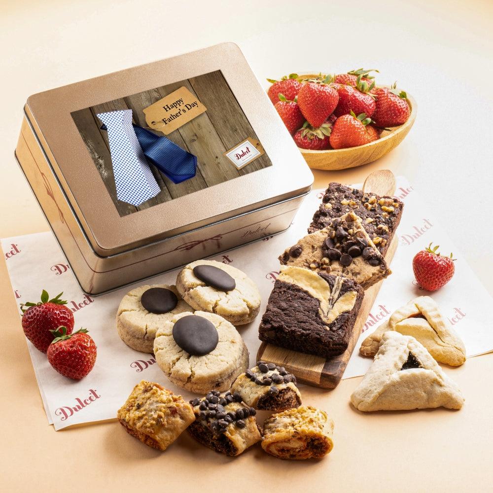 Gourmet Cookie and Brownie Tin with “Happy Father’s Day” label; assorted cookies and brownie