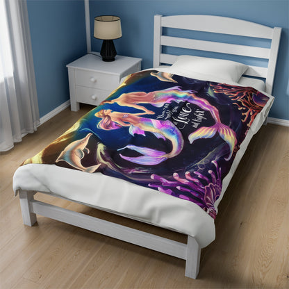 Mermaid Love Velveteen Plush Blanket – Romantic Mermaid Couple with Dolphins ‘The Sea Holds You in Love and Light’ | 3 Sizes | Ocean Fantasy Art Throw
