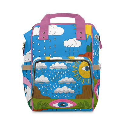 Eyes Are On It Diaper Backpack – Surreal Pop Art Rainy Sky & Watching Eyes Print | Insulated Bottle Pockets | Large Capacity Nappy Bag | Fun Baby Shower Gift