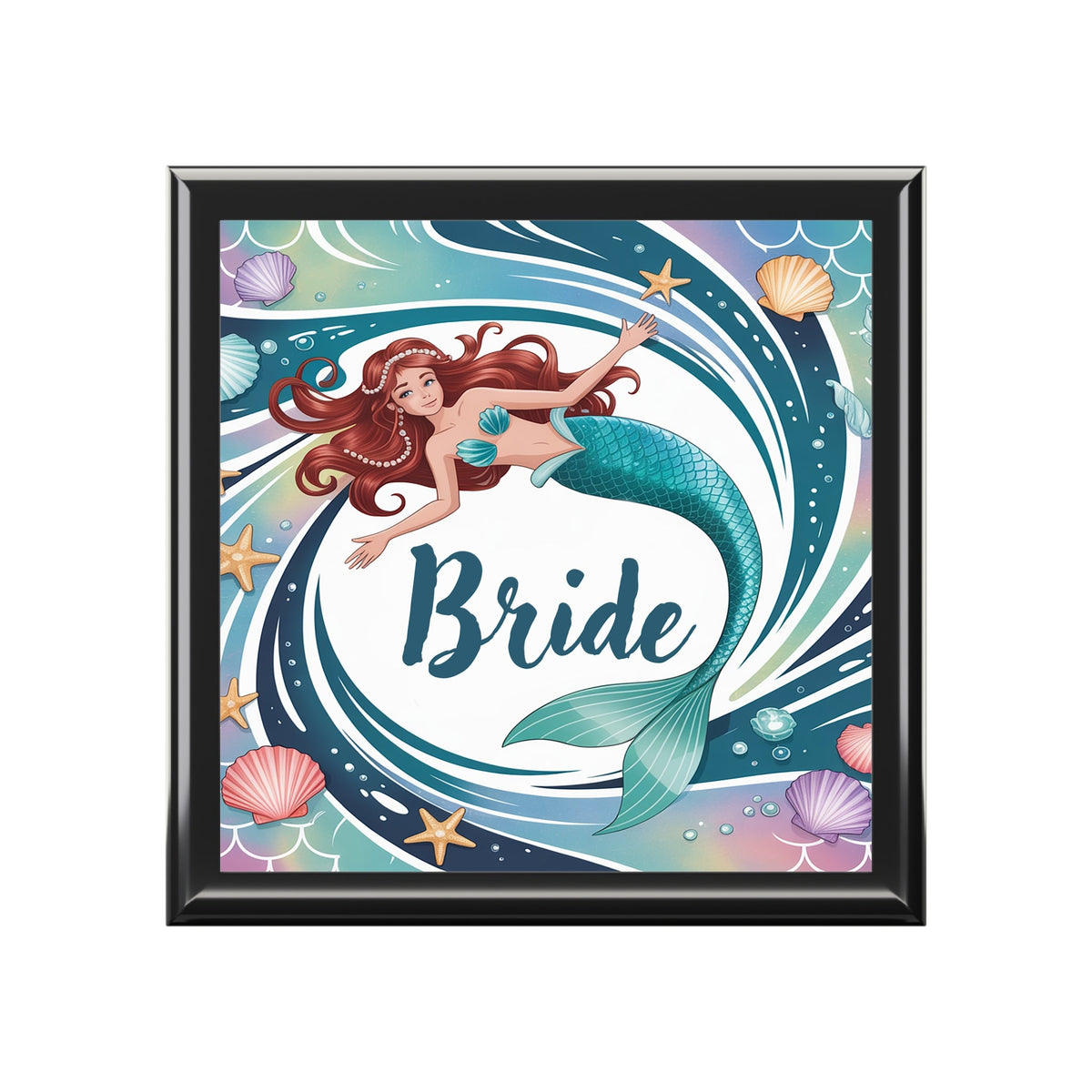 Mermaid Bride Jewelry Box – Illustrated Mermaid ‘Bride’ Keepsake Box | Rubberwood | Ebony Black, Golden Oak or Red Mahogany | Beach Wedding Bridal Gift