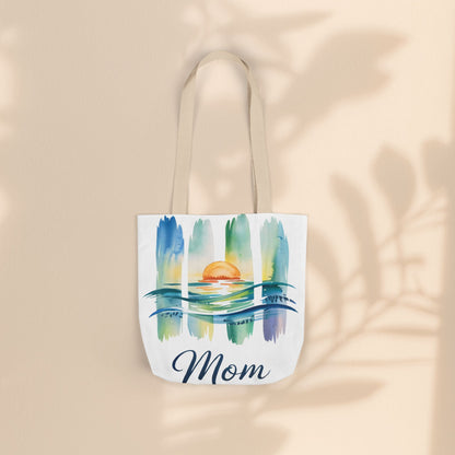 Mom Ocean Sunset Canvas Tote Bag – Watercolour Triptych Design | Polyester Canvas | 3 Sizes × 5 Strap Colours | Gift for Mom