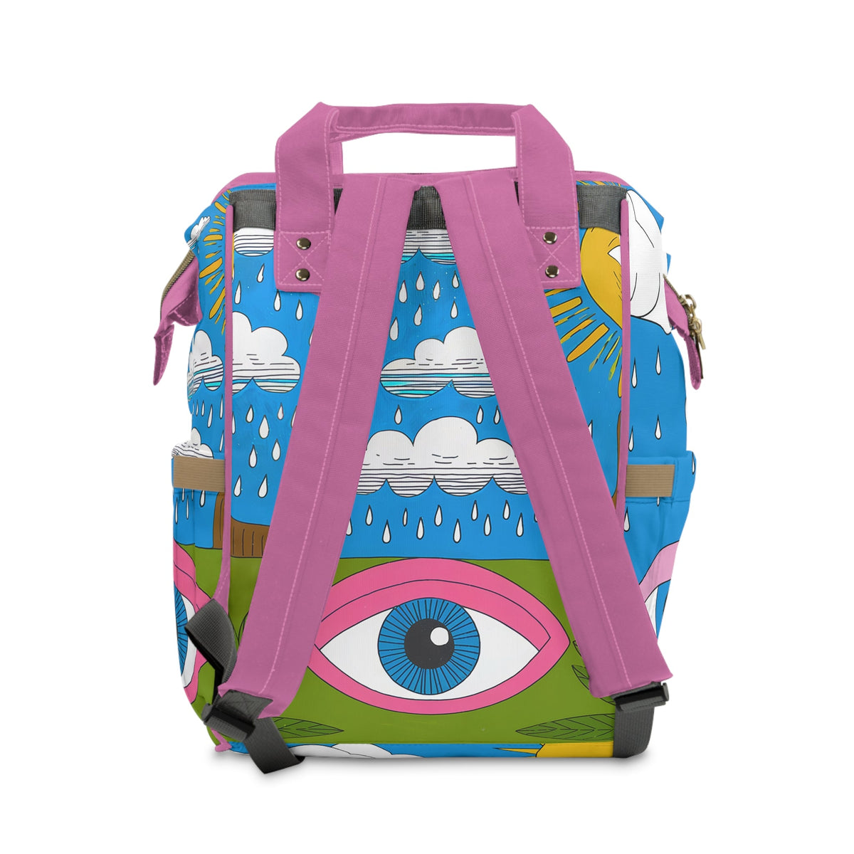 Eyes Are On It Diaper Backpack – Surreal Pop Art Rainy Sky & Watching Eyes Print | Insulated Bottle Pockets | Large Capacity Nappy Bag | Fun Baby Shower Gift