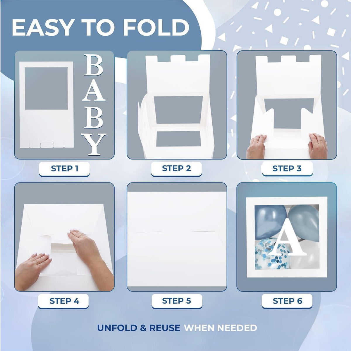 Folding instruction view of white letter boxes with blue balloons and confetti details