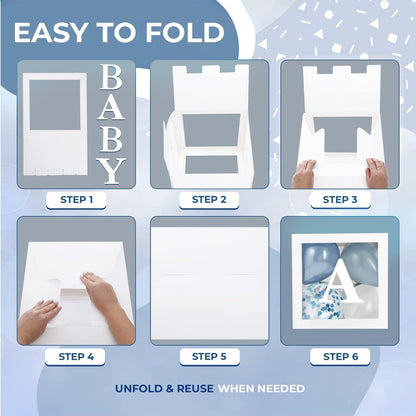 Folding instruction view of white letter boxes with blue balloons and confetti details
